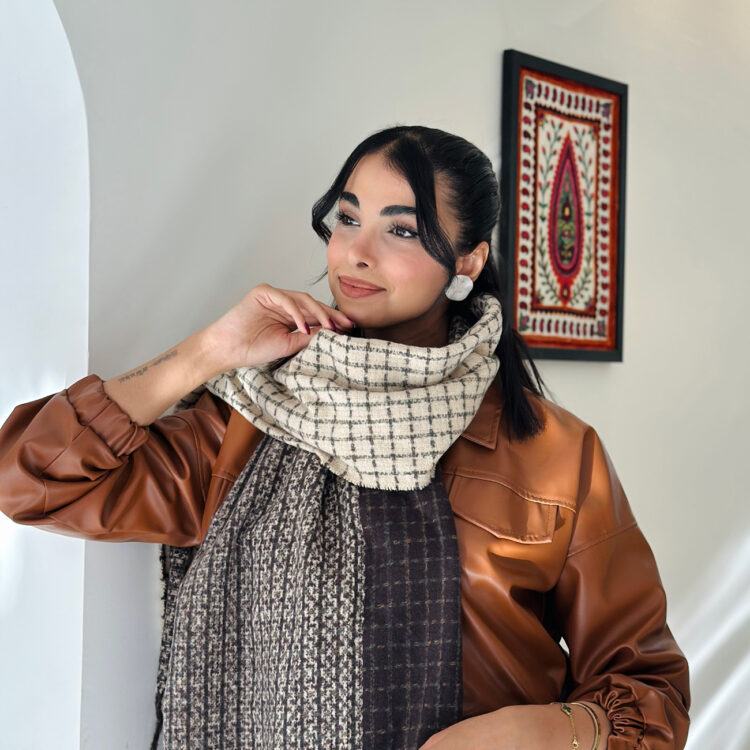 شال چهارخانه پشمی کرم قهوه‌ای