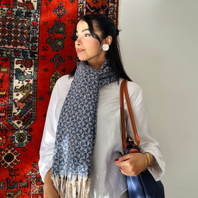 شال حوله‌ای ریشه دار آبی_کرم